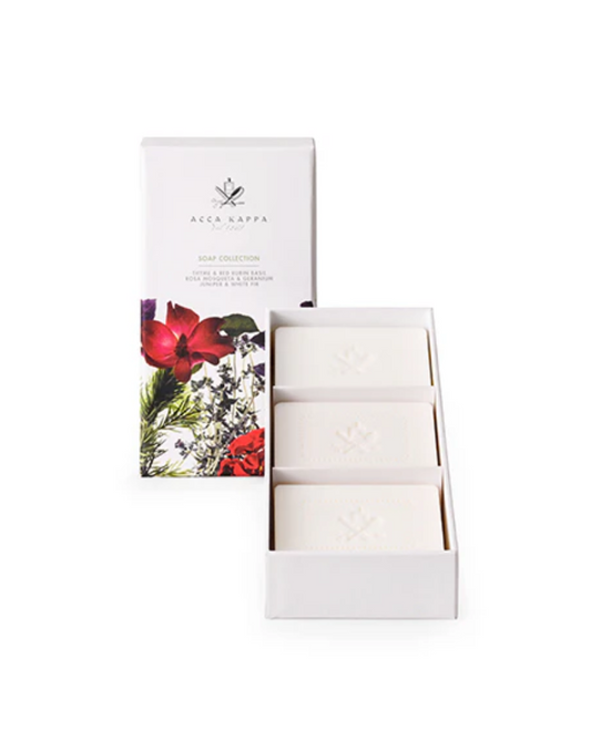 Coffret de savons - Thym et basilic Red Rubin, genévrier et sapin blanc, églantier et géranium